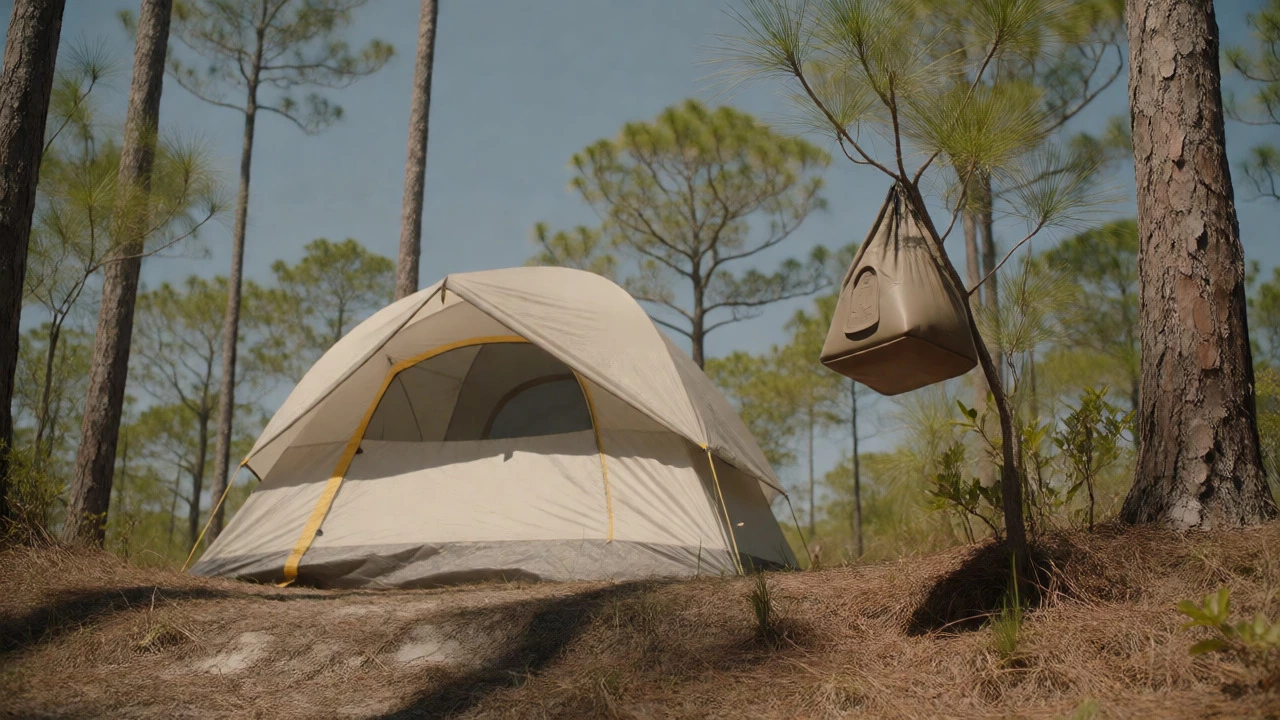 Tent in dry pine flatwoods with hanging bear-proof food container in bright sun