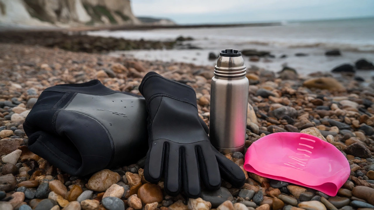 Wetsuit, neoprene boots, and hot flask arranged on pebble beach for cold swimming