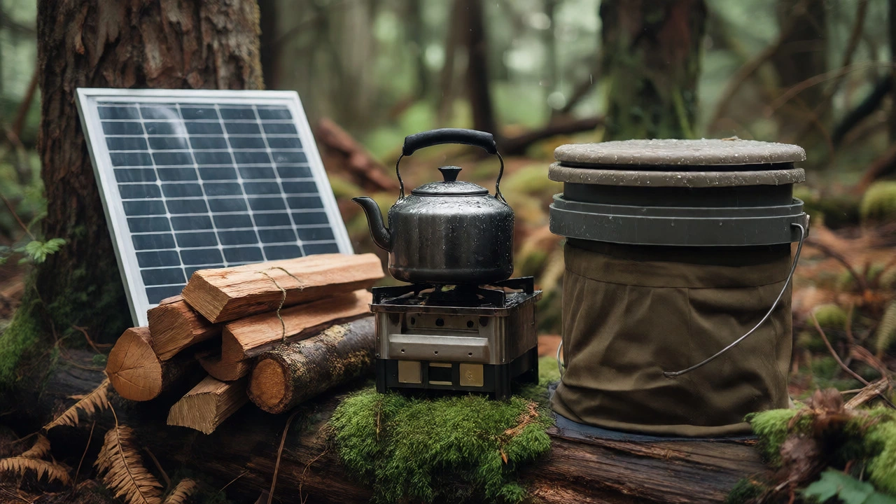 Woodland survival gear including firewood, stove, and solar panel