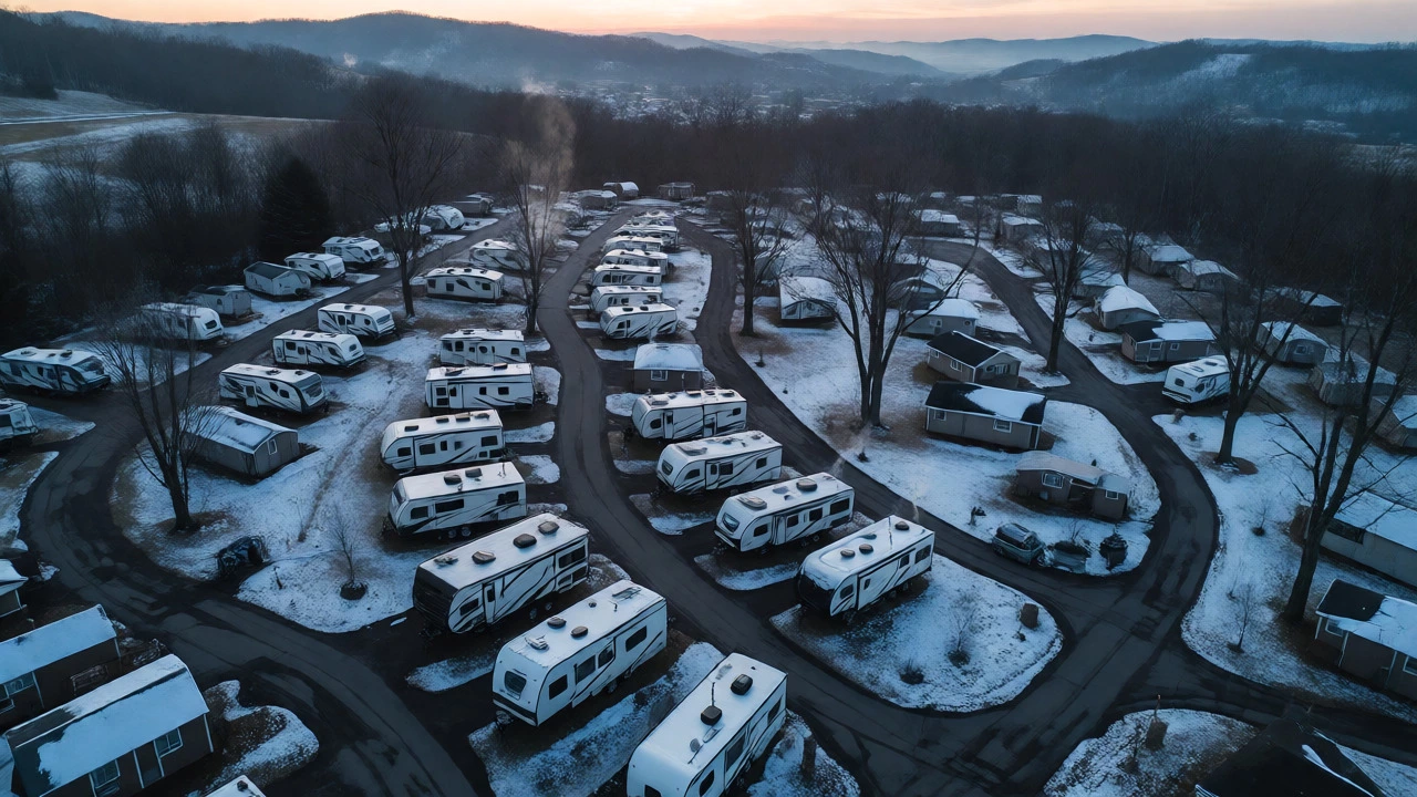 Aerial view of a snowy private campground in the Shenandoah Valley