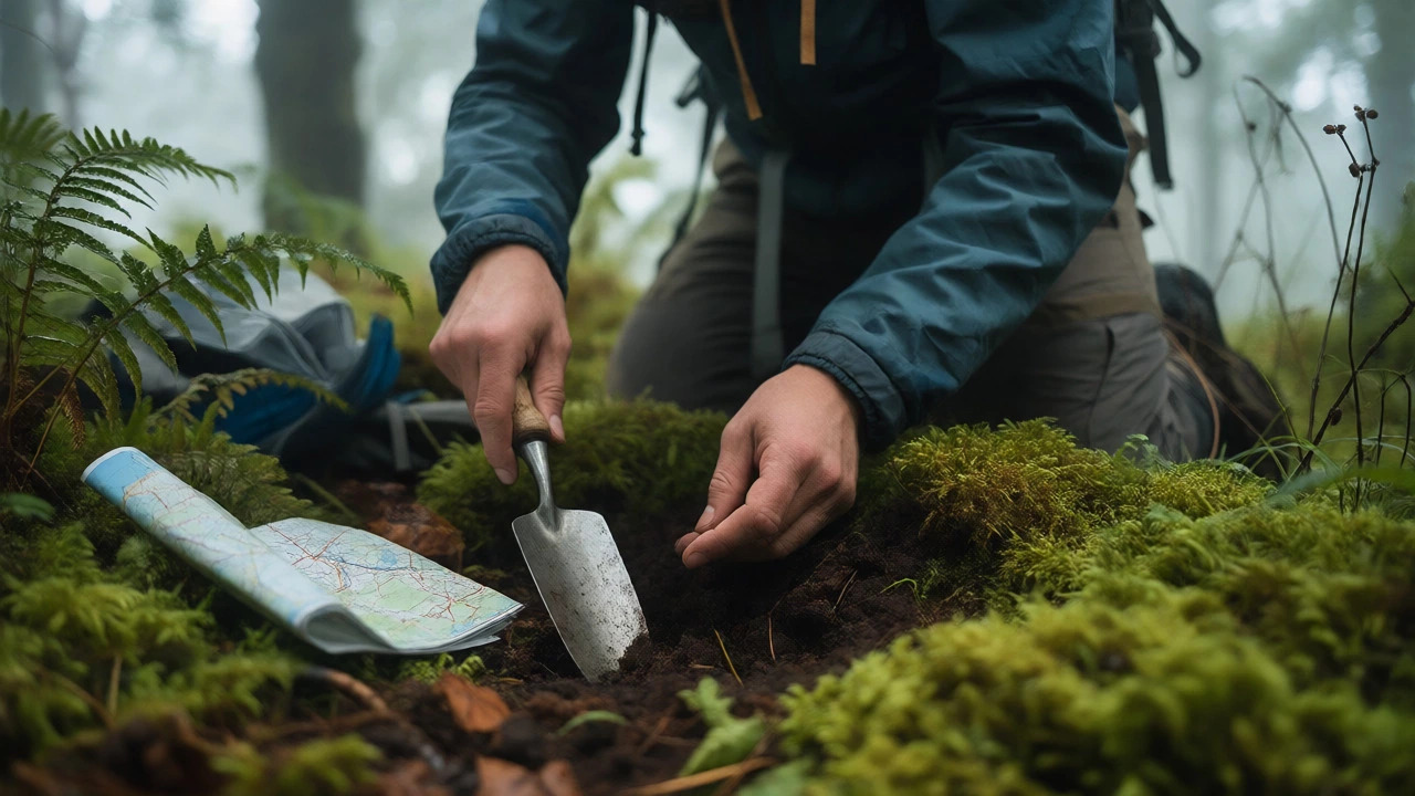Backpacker digging cathole in Scottish Highlands