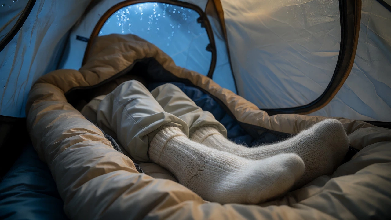 Camper in sleeping bag wearing thick wool socks in a condensing tent