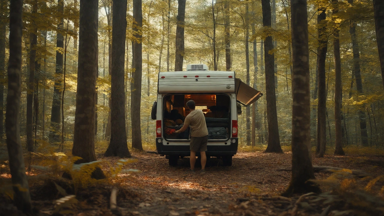 Camper packing an RV in a sunlit national forest clearing