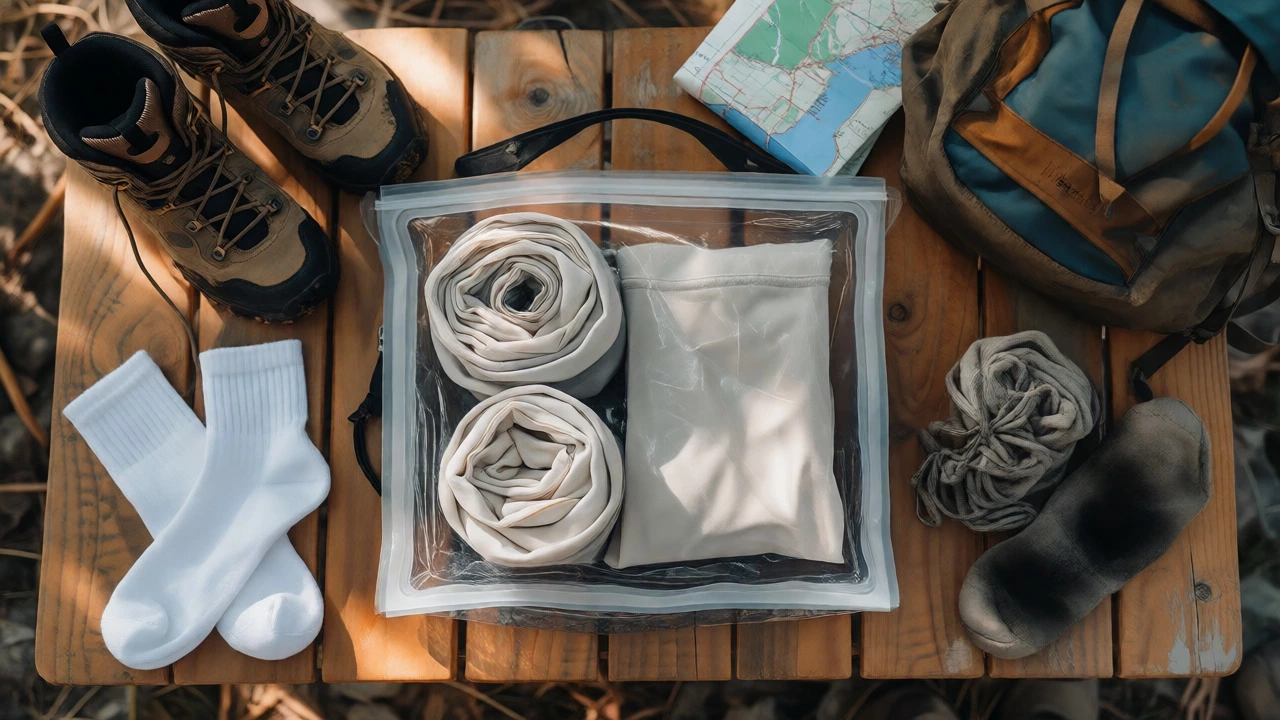 Clean merino sleep clothes in a dry bag surrounded by muddy hiking gear