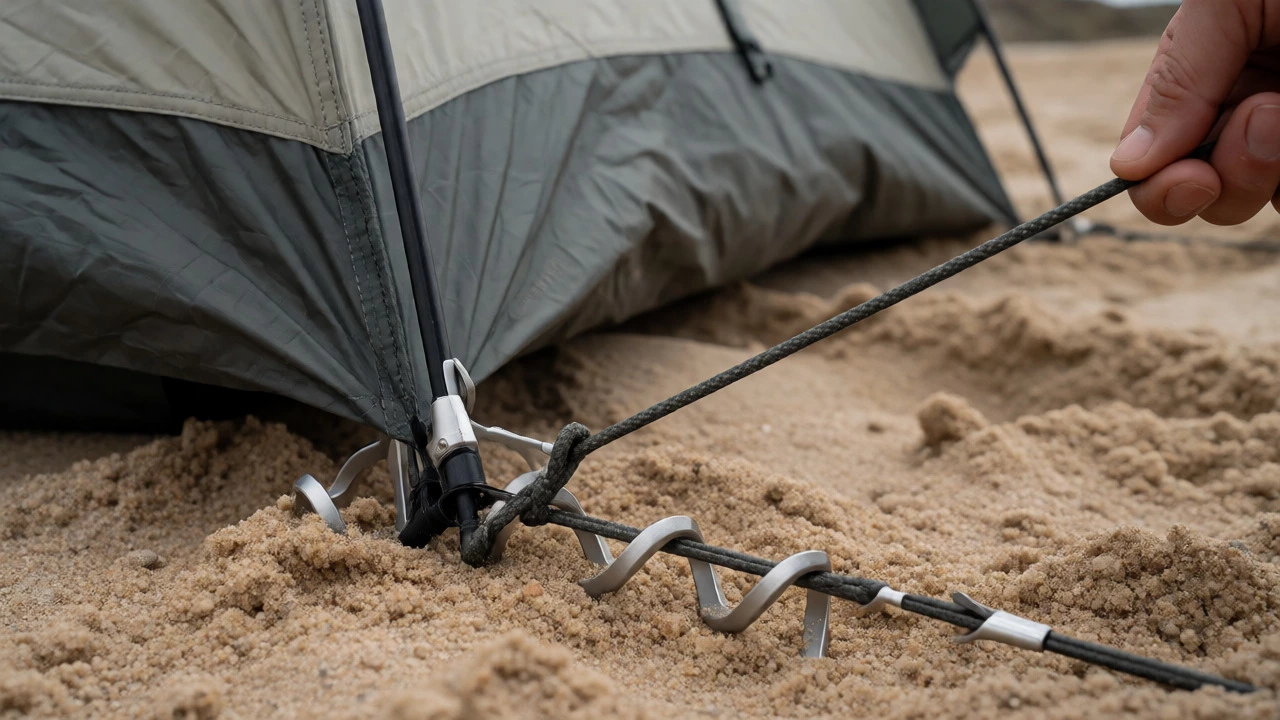Close-up of a tent secured in sand with specialized spiral pegs and guy lines.