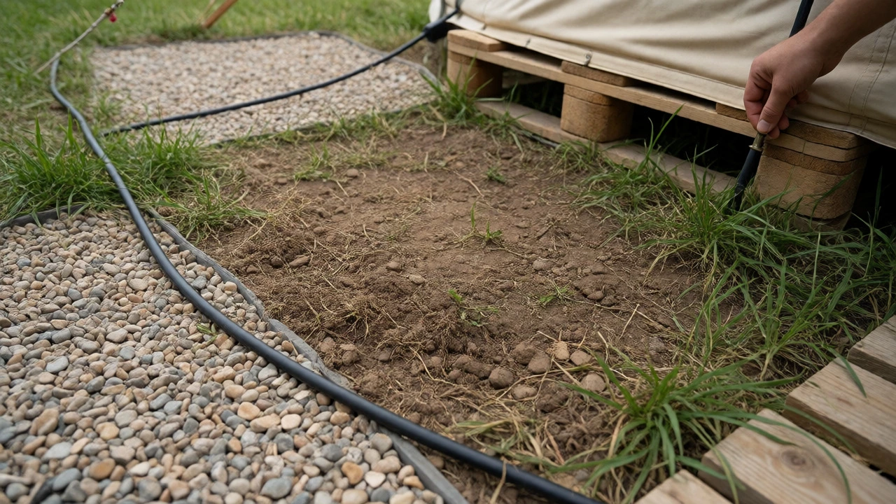 Close-up of mobile glamping setup using gravel mats and pallets to avoid permanent foundations.