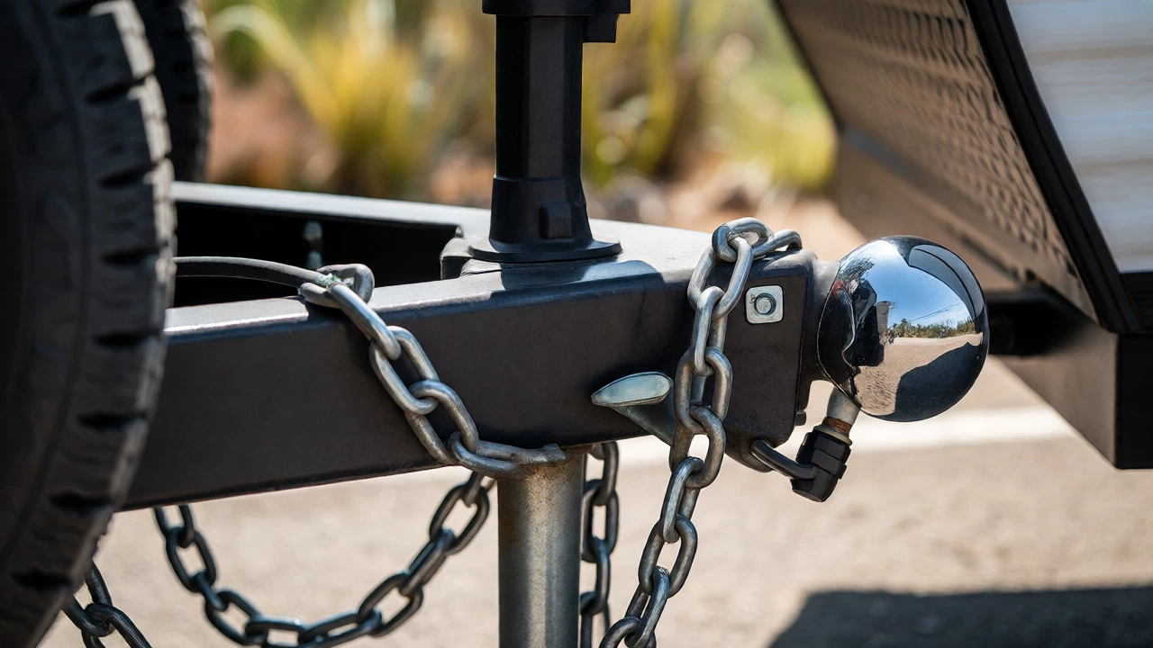 Close-up of RV hitch, chains, and electrical connections