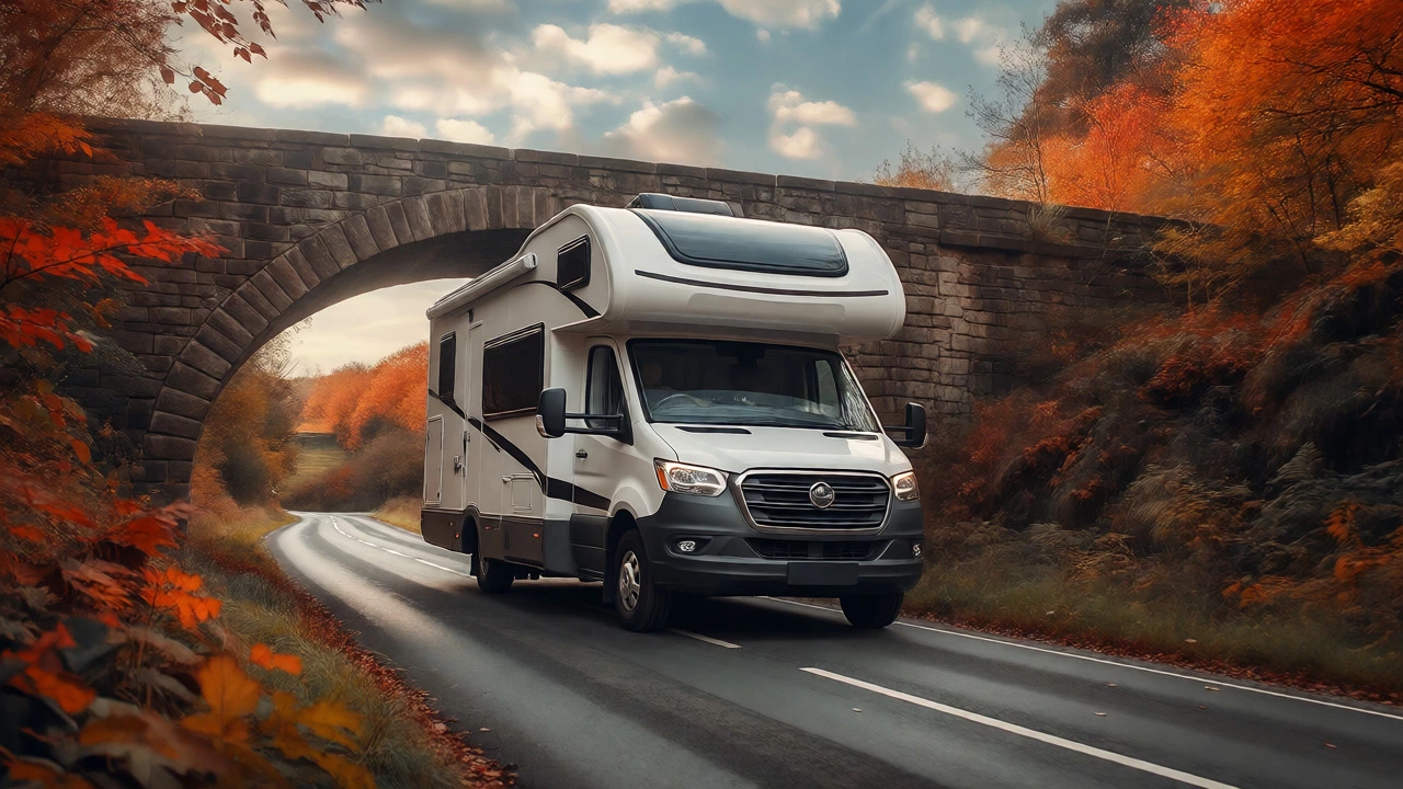 Compact Class C motorhome driving along a narrow winding country road under a stone bridge.