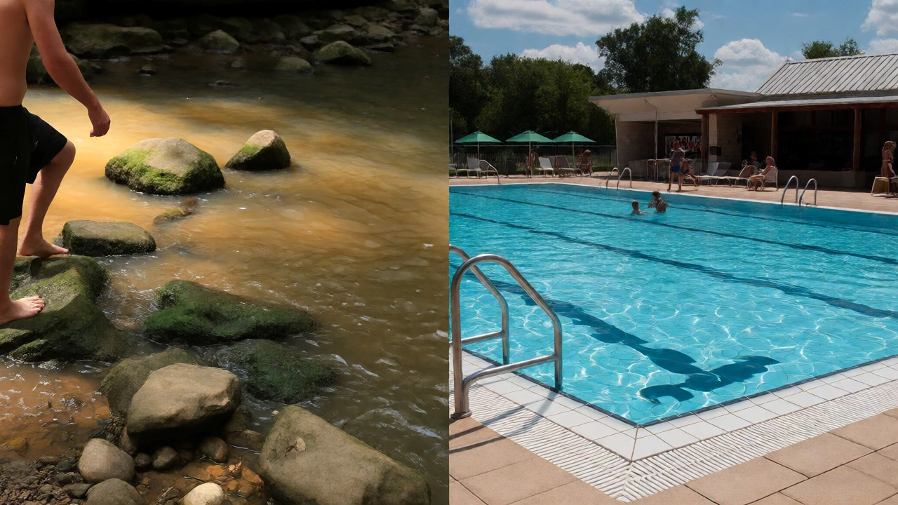 Comparison between wild creek swimming and a modern, supervised public pool facility.