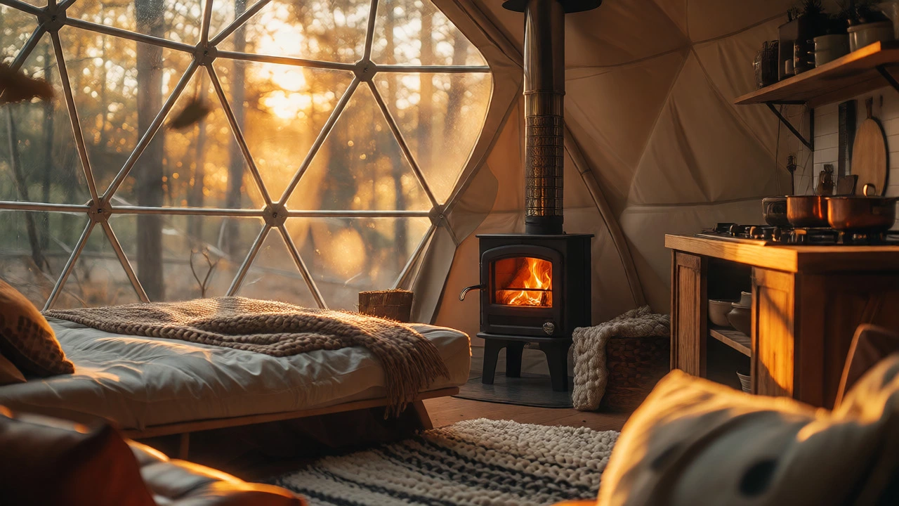 Cozy glamping interior with memory foam bed and wood-burning stove