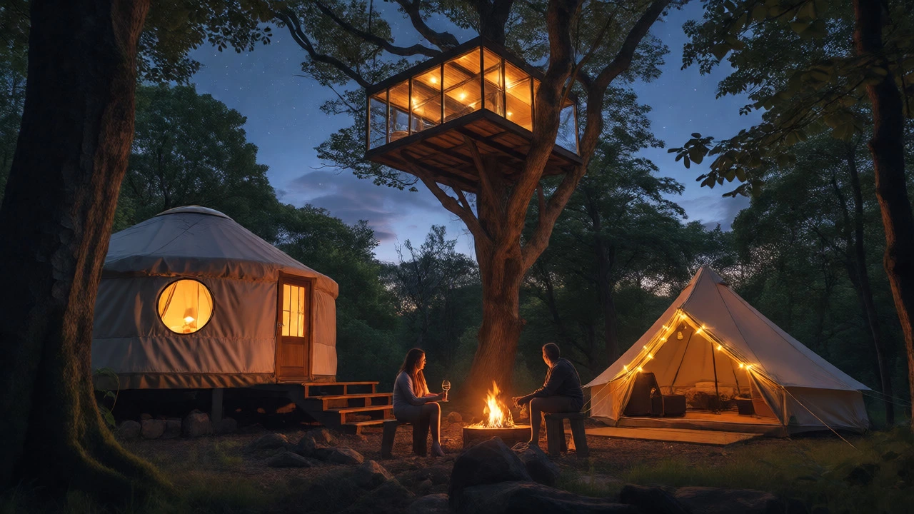 Evening view of yurts and treehouses in a forested glamping site