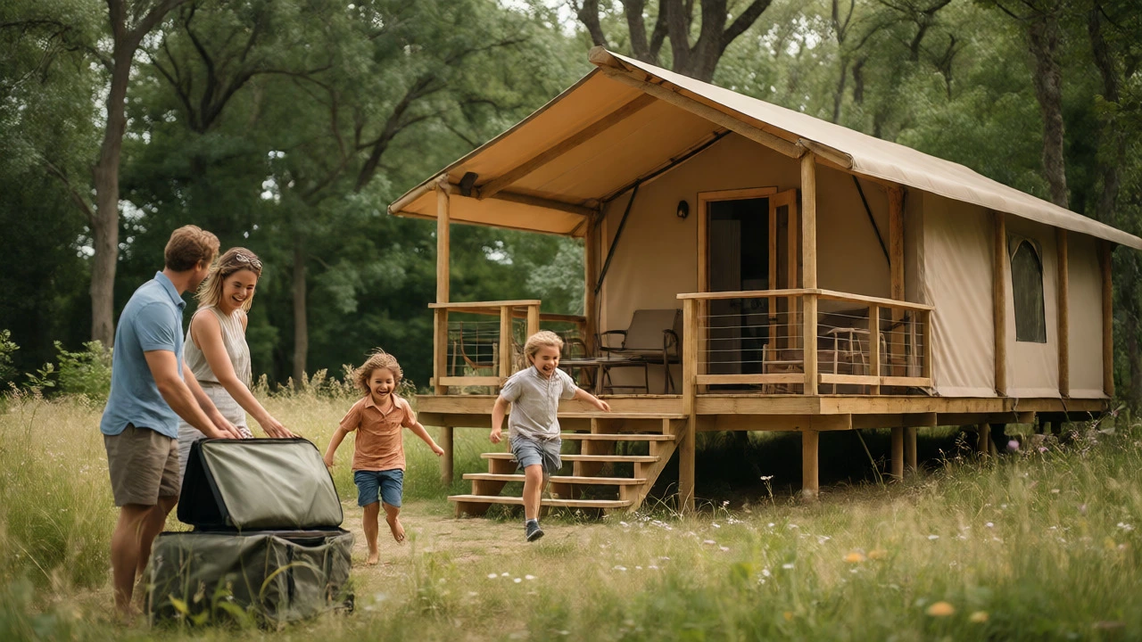 Family arriving at luxury safari lodge glamping site in meadow