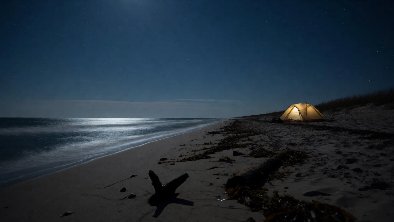 Illuminated tent pitched safely above the tide line under a starry night sky.