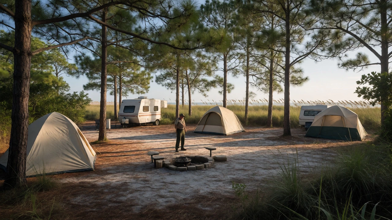Legal primitive campsites behind dunes in a Florida state park with ranger oversight.