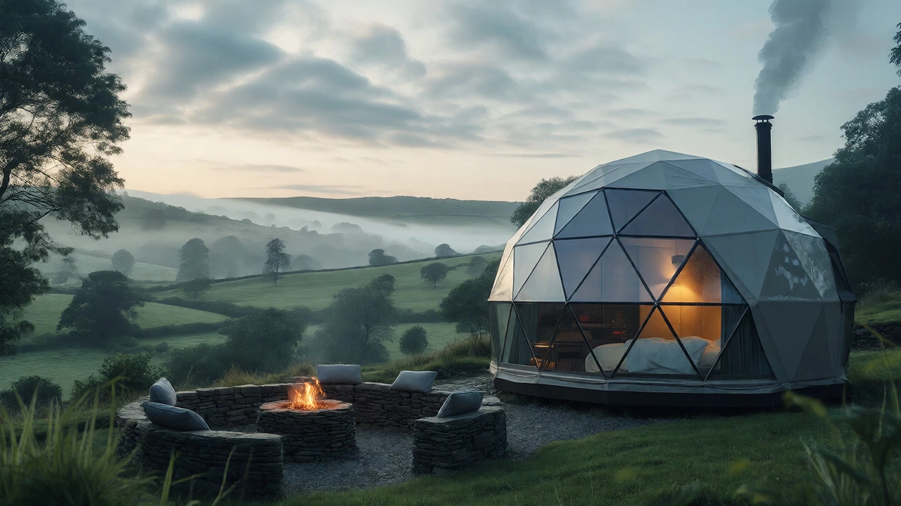 Modern geodesic dome glamping pod in misty countryside morning