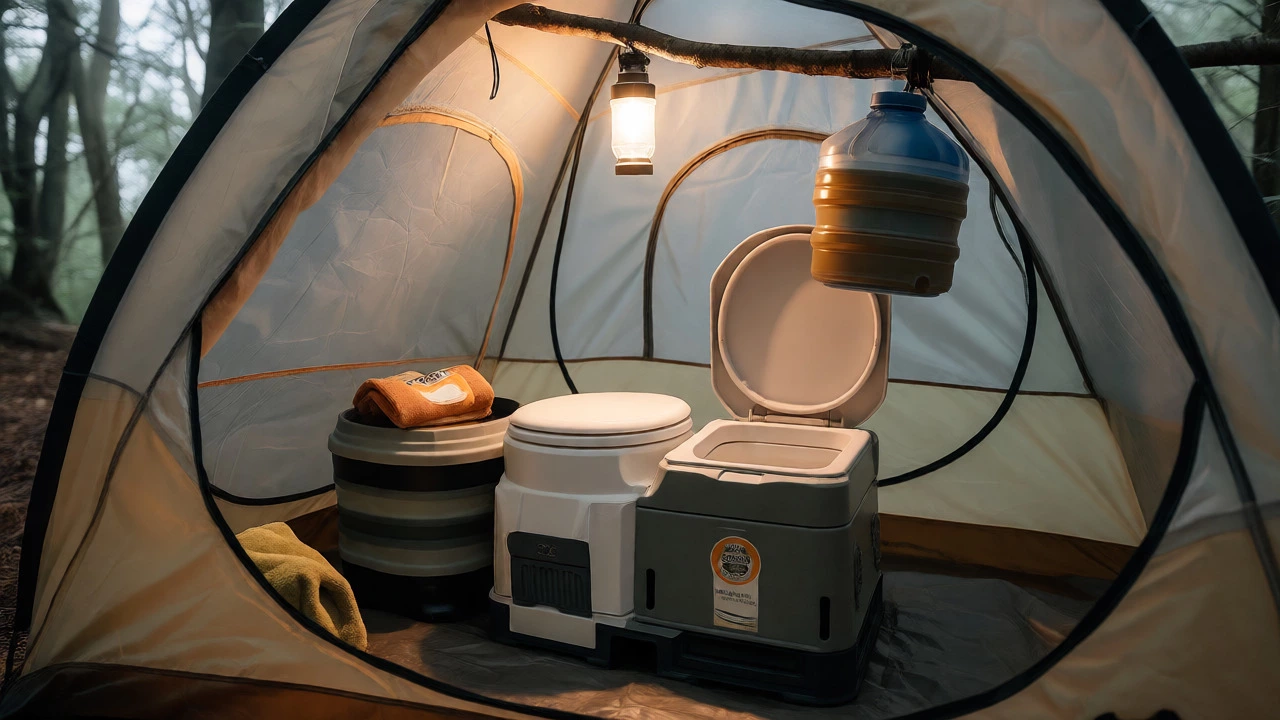 Portable composting toilet inside pop-up tent