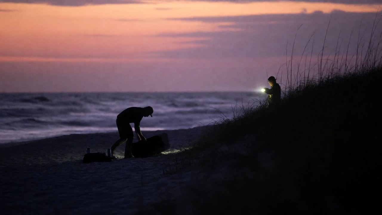 Ranger confronting illegal camper on Florida beach at twilight with flashlight.