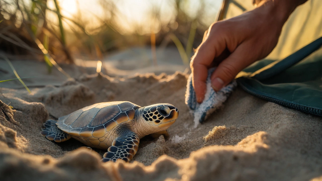 Sea turtle hatchling near dunes with camper cleaning gear in background