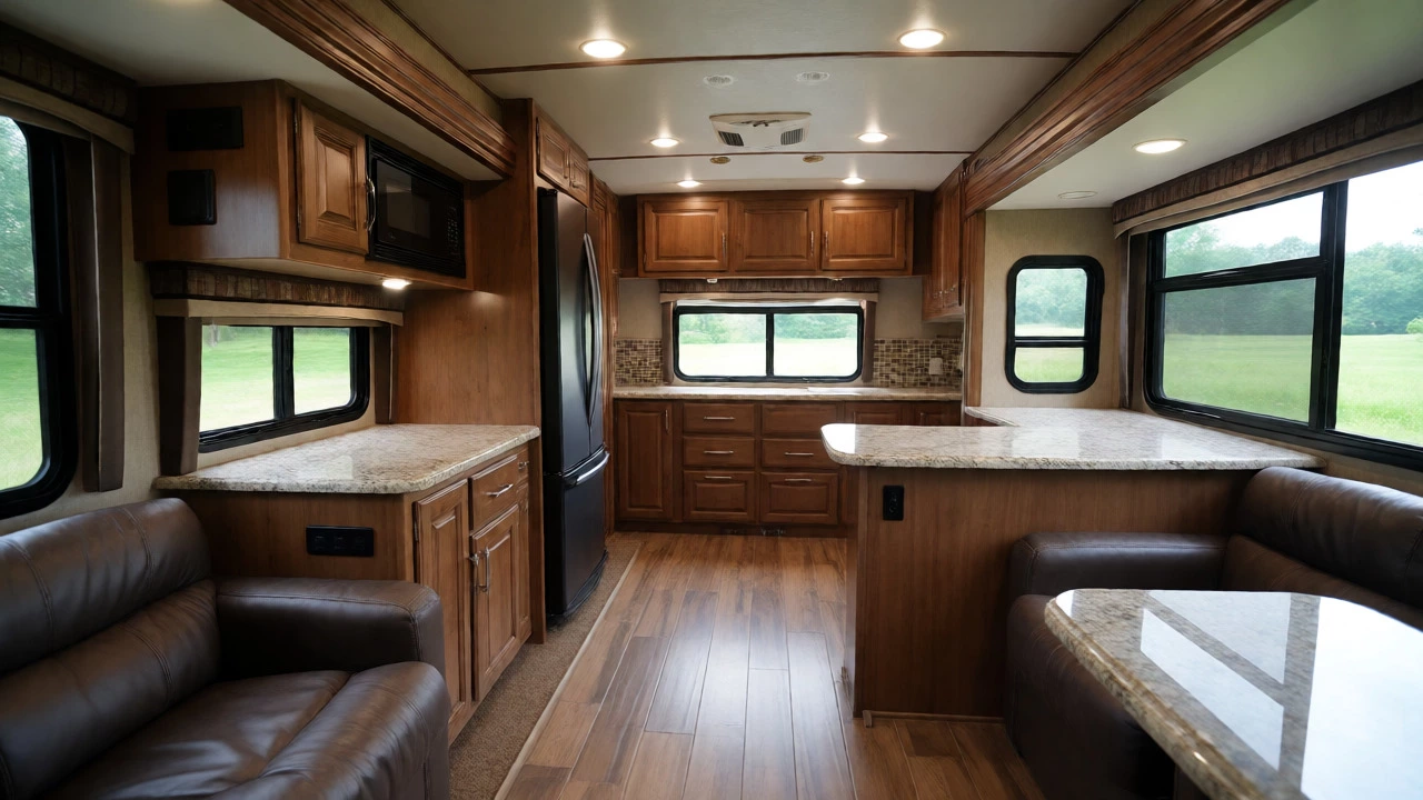 Spacious residential-style interior of a luxury Class A motorhome with modern kitchen and living area.