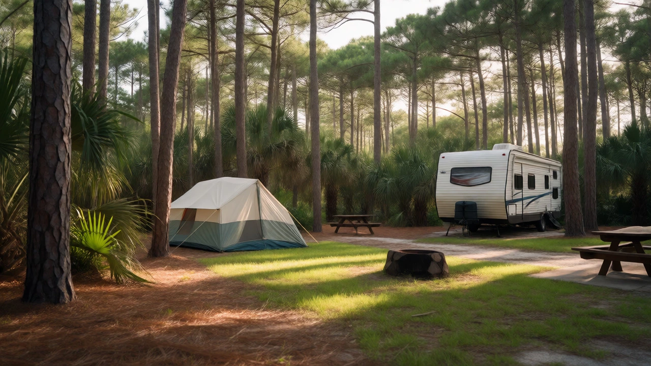 Tent and RV setup in the wooded Carolina Beach State Park Campground