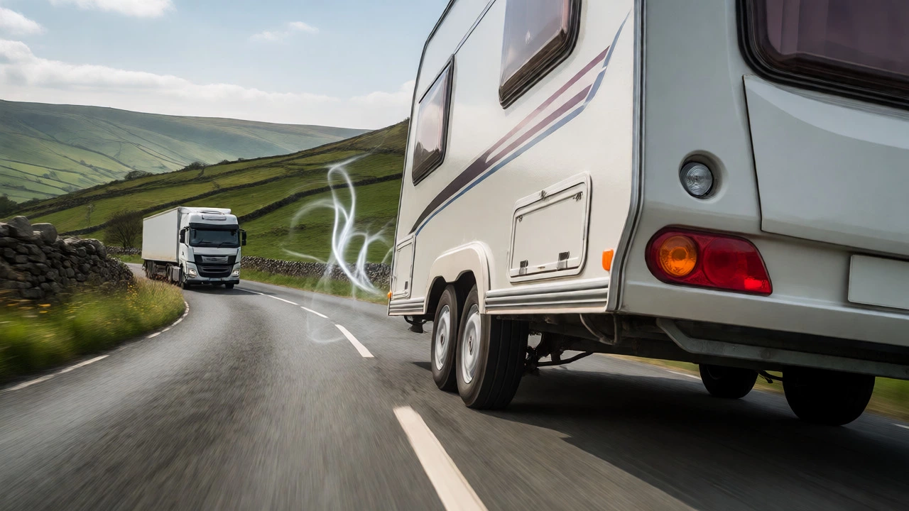 Travel trailer navigating a curve on a rural British road