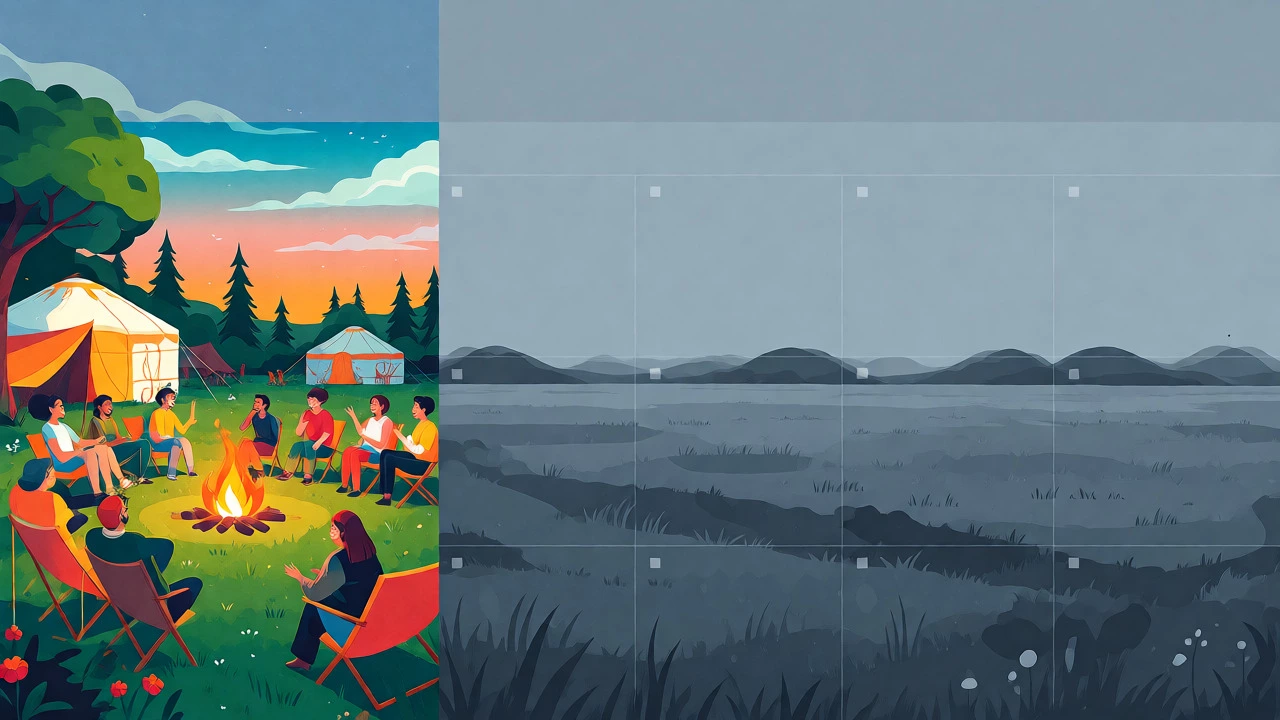 Visual contrast between active camping season and quiet off-season in the British countryside.